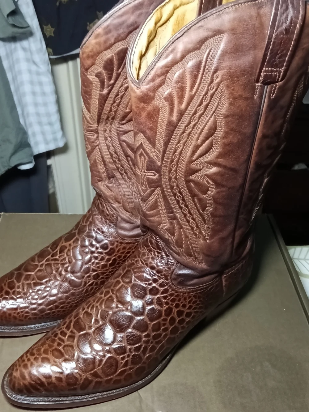 Men's Brown Sea Turtle print Leather Cowboy Boots, Size 12